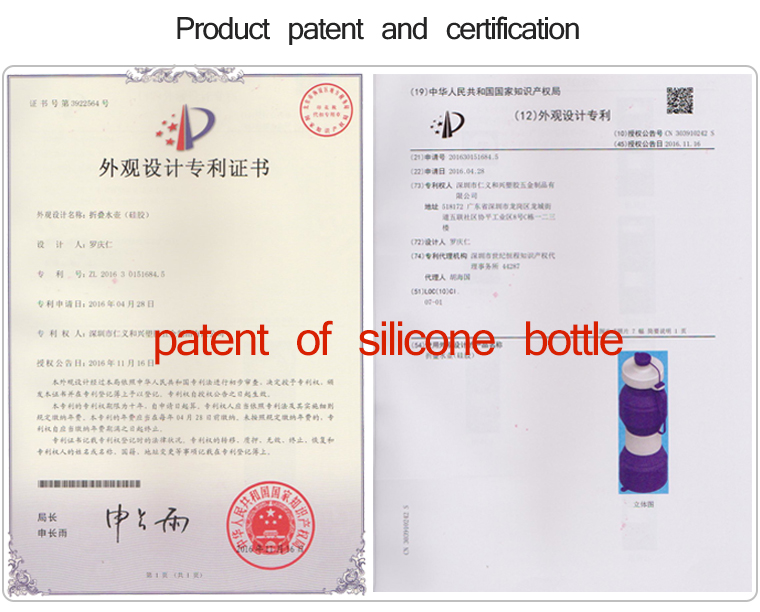The patent and the certification of our silicone collapsible water bottle.
