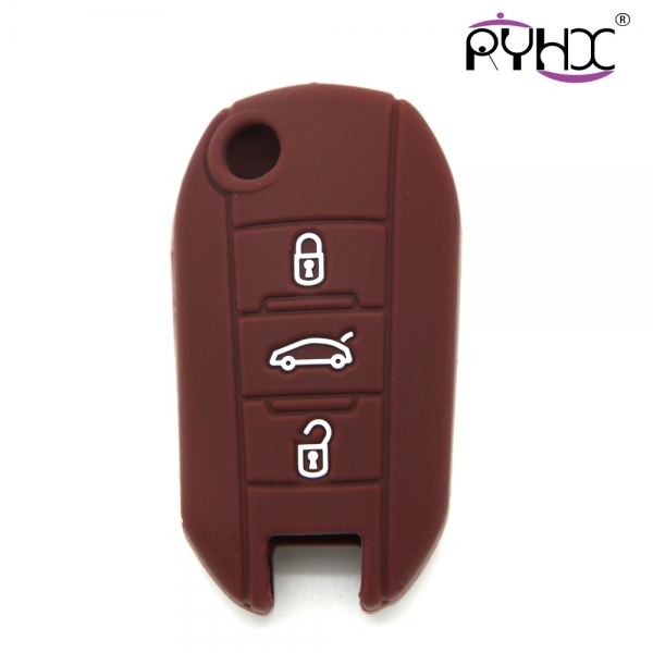 Peugeot key covers, silicone car key case, hot sale car key protector, brown, three buttons
