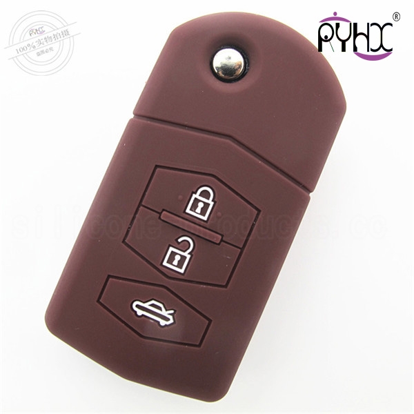 Mazda silicone auto key covers, cheap car key silicone case, excellent key silicone bag for Mazda, Mazda 3 buttons key silicone protector, brown