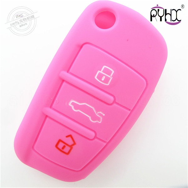 A6L car key cover,pink,3 buttons,with logo,debossed design,silicone.