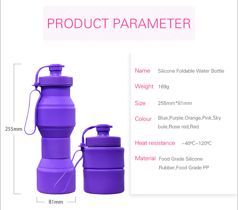 2017 new collapsible silicone water bottle paramete-169g,255mm high and 81mm diameter,7 colors,great heat resistance,food grade silicone rebber,food grade PP