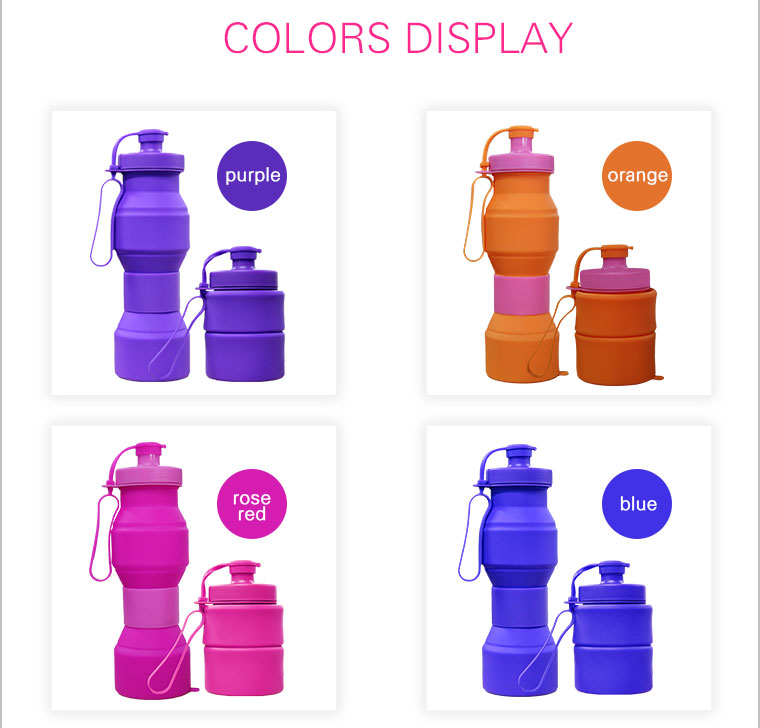 select the color of collapsible silicone water bottle-blue,sky-blue,purple,orange,pink,red,rose-red