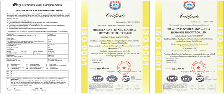 Honors Certification Of Shenzhen RYHX-Disney,SGS,ISO9001,ISO14001